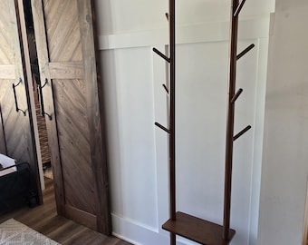 Solid Wood Coat Rack with Shelves, Rolling Entryway Organizer, Garment Hall Tree