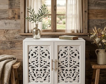 Vintage Carved Accent Cabinet, Two Door Sideboard Storage, French Country Farmhouse Style