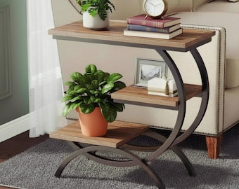 Mesa auxiliar industrial en forma de C, mesa auxiliar de 3 niveles para sofá, mesa de aperitivos rústica de madera marrón, mesita de noche estrecha con estantes de almacenamiento.