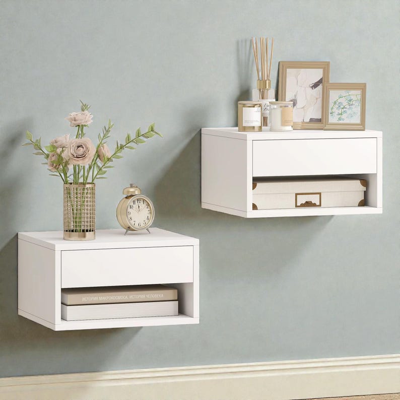 Floating Nightstand Set With LED Lights Modern Wall Mounted Bedside ...