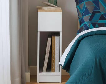 Mesita de noche estrecha con cajón, mesa auxiliar delgada para espacios pequeños, mesita de noche moderna para sofá cama con somier, mesa auxiliar con almacenamiento