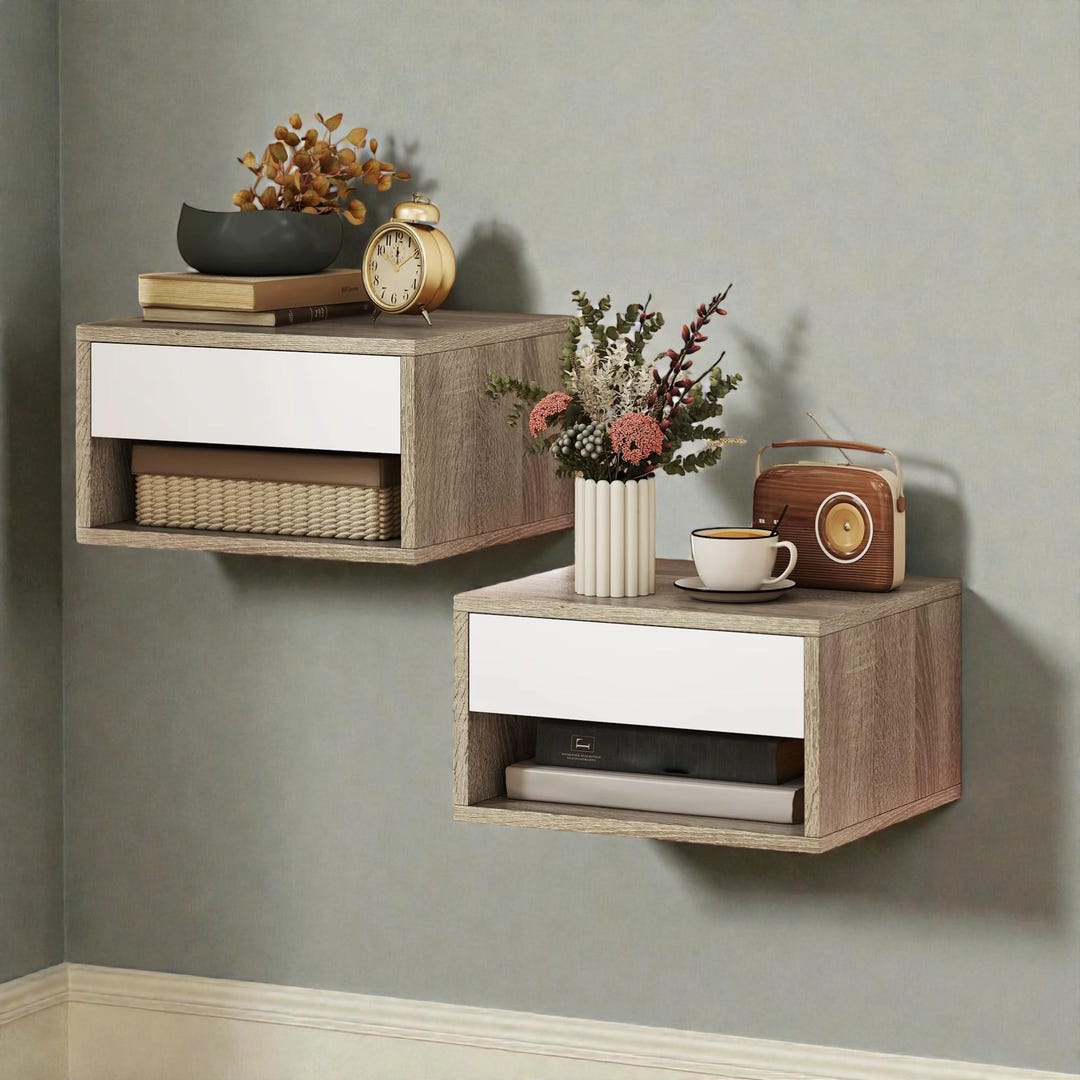 Floating Nightstand Set With LED Lights Modern Wall Mounted Bedside ...