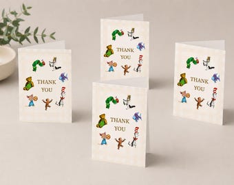 May include: Three folded greeting cards with a light beige checkered background. Each card features the text THANK YOU in brown, surrounded by colorful illustrations of various storybook characters including a caterpillar, bear, and cat.