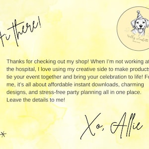 May include: A yellow watercolor background card featuring the text Hi there! and Xo, Allie. It includes a circular logo with a dog wearing a party hat and the text Nelly & Confetti. The card contains a paragraph about shop products.