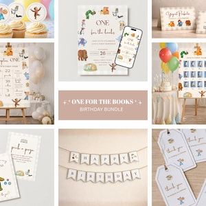 May include: A collection of birthday party decorations and supplies featuring illustrations of storybook characters. Includes cupcake toppers, invitations, banners, thank you tags, and a sign with the text "Chapter ONE". The theme is "ONE for the Books".