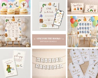 May include: A collection of birthday party decorations and supplies featuring illustrations of storybook characters. Includes cupcake toppers, invitations, banners, thank you tags, and a sign with the text "Chapter ONE". The theme is "ONE for the Books".