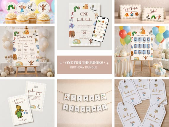 One For The Books Birthday Bundle | Digital Party Kit | Storybook | First Birthday | Template Bundle