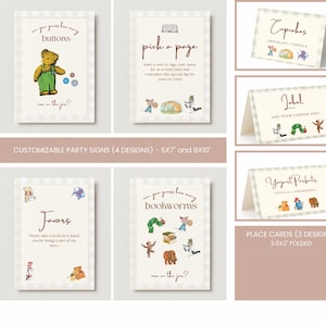 May include: A collection of four rectangular party signs and three folded place cards featuring a light beige gingham border. The signs display illustrations of storybook characters and text including "can you guess how many buttons", "pick a page", "Favors", and "can you guess how many bookworms".