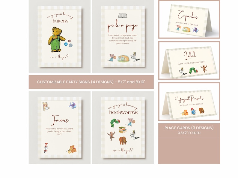 May include: A collection of four rectangular party signs and three folded place cards featuring a light beige gingham border. The signs display illustrations of storybook characters and text including "can you guess how many buttons", "pick a page", "Favors", and "can you guess how many bookworms".