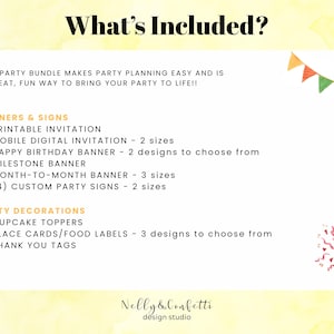 May include: A digital party bundle list titled What's Included? featuring banners, signs, and decorations. Items include printable and mobile invitations, birthday, milestone, and month-to-month banners, custom signs, cupcake toppers, place cards, and thank you tags.