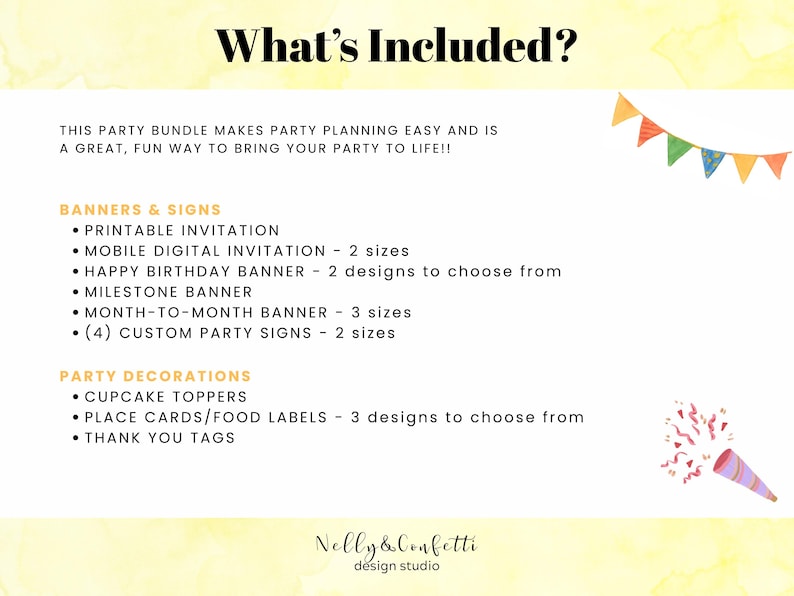May include: A digital party bundle list titled What's Included? featuring banners, signs, and decorations. Items include printable and mobile invitations, birthday, milestone, and month-to-month banners, custom signs, cupcake toppers, place cards, and thank you tags.