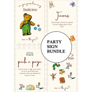May include: Party sign bundle with illustrations and text. Includes signs with a teddy bear, the text "can you guess how many buttons are in the jar?", and "Favours". Other signs say "pick a page".