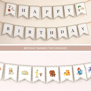 May include: A two-tiered birthday banner with the words "HAPPY BIRTHDAY" in black capital letters on white pennants. Each pennant has a decorative border and is strung on twine. The bottom banner features illustrated characters.