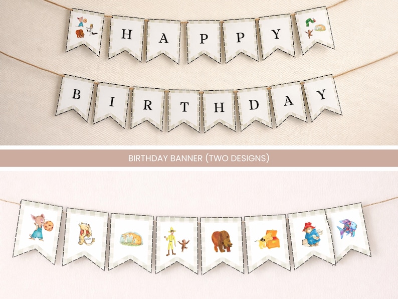 May include: A two-tiered birthday banner with the words "HAPPY BIRTHDAY" in black capital letters on white pennants. Each pennant has a decorative border and is strung on twine. The bottom banner features illustrated characters.