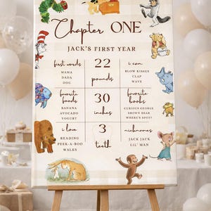 Puede incluir: Un letrero decorativo sobre un caballete, con el texto "Chapter One" y "Jack's First Year". Incluye ilustraciones e información sobre el primer año del niño, como "22 libras" y "76 cm."