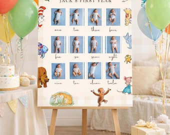 May include: A wooden easel displaying a baby's first year photo board with the text "JACK'S FIRST YEAR". The board features monthly photos of a baby, along with illustrations of storybook characters and colorful balloons.