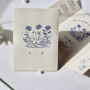 Swan Wedding Gatefold Invitation Suite, Vintage Wedding Invite, Whimsical + Blue Hand Drawn Design, Ivory Luxury Textured Cardstock