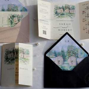 Watercolor Wedding Venue Invitation with Inner Lined Envelope, Gatefold Invitation Suite for Destination Weddings, Luxury Textured Cardstock