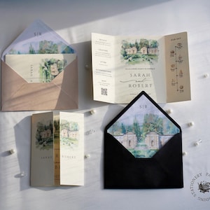 Watercolor Wedding Venue Invitation with Inner Lined Envelope, Gatefold Invitation Suite for Destination Weddings, Luxury Textured Cardstock