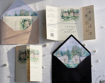 Aquarel trouwlocatie uitnodiging met binnen gevoerde envelop, klapper uitnodigingssuite voor bestemming bruiloften, luxe getextureerd karton