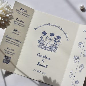 Swan Wedding Gatefold Invitation Suite, Vintage Wedding Invite, Whimsical + Blue Hand Drawn Design, Ivory Luxury Textured Cardstock