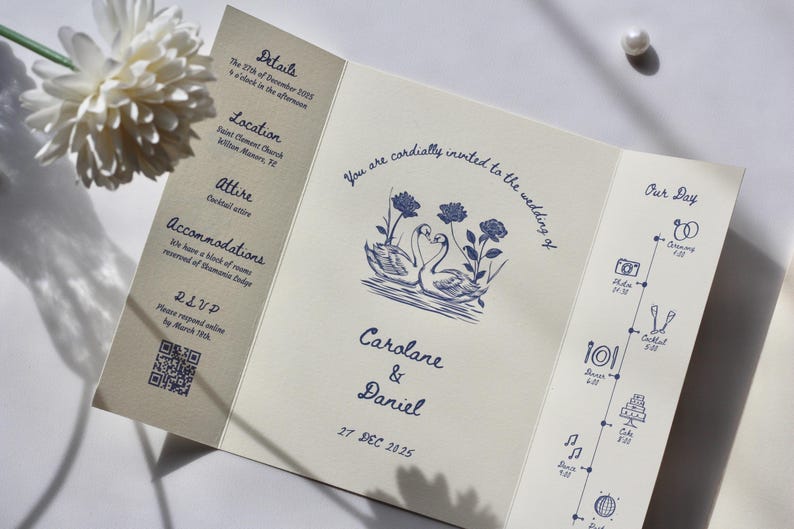 Swan Wedding Gatefold Invitation Suite, Vintage Wedding Invite, Whimsical + Blue Hand Drawn Design, Ivory Luxury Textured Cardstock
