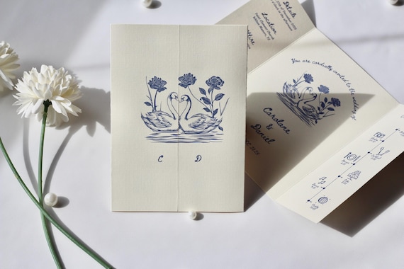 Swan Wedding Gatefold Invitation Suite, Vintage Wedding Invite, Whimsical + Blue Hand Drawn Design, Ivory Luxury Textured Cardstock