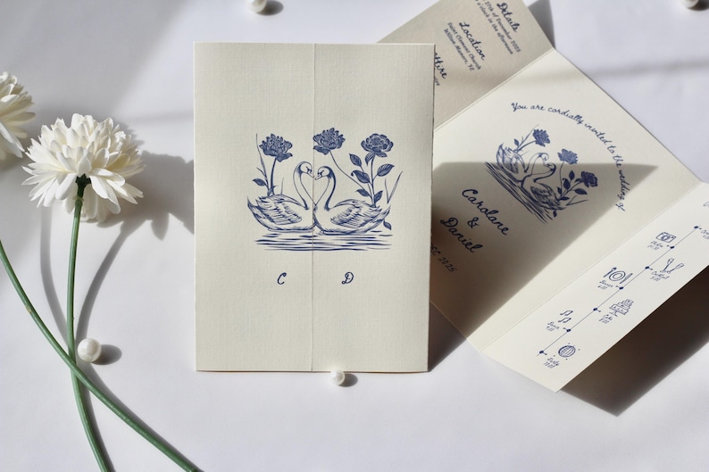 Swan Wedding Gatefold Invitation Suite, Vintage Wedding Invite, Whimsical + Blue Hand Drawn Design, Ivory Luxury Textured Cardstock
