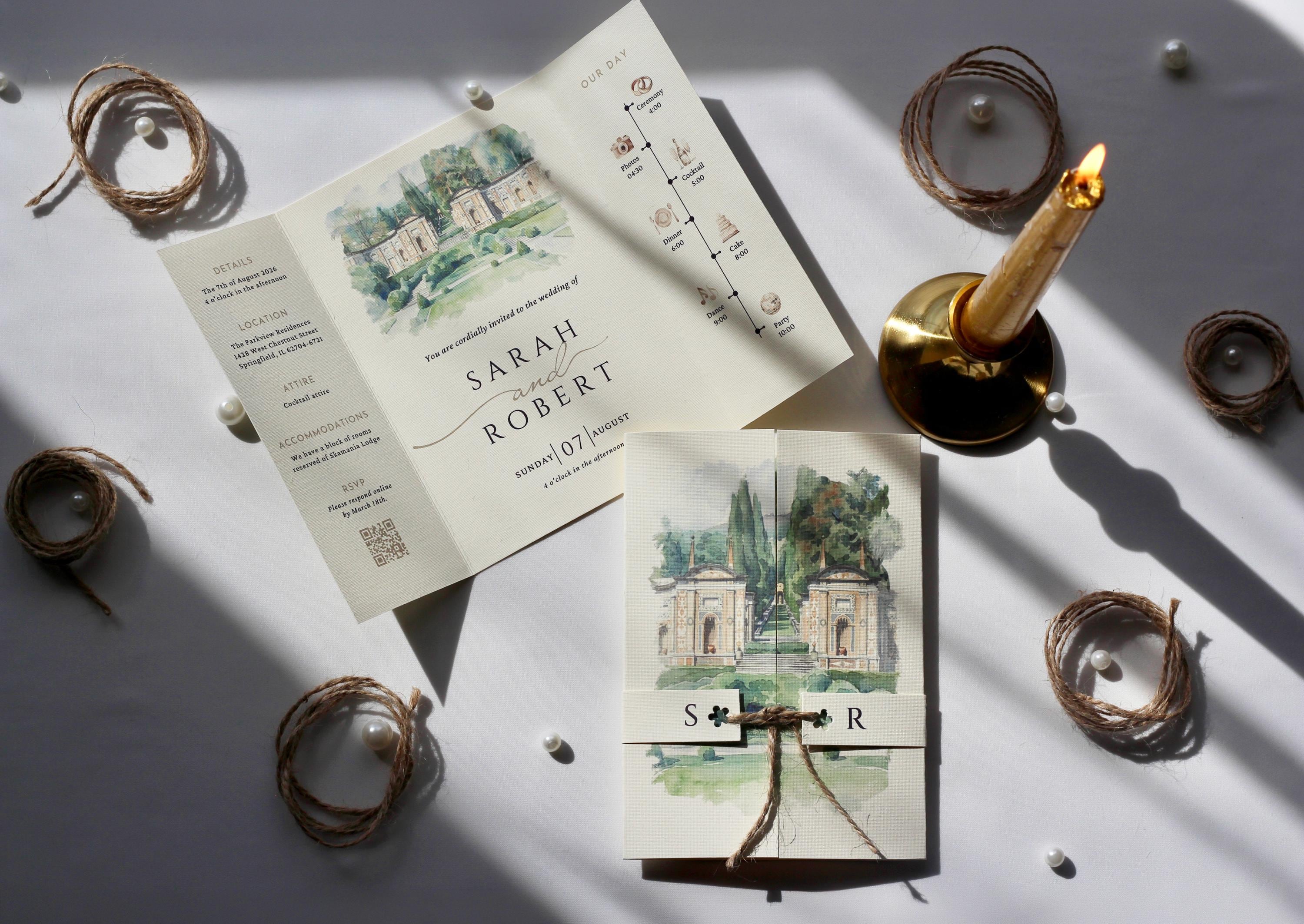 Watercolor Wedding Venue Invitation with Belly Band