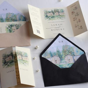 Watercolor Wedding Venue Invitation with Inner Lined Envelope, Gatefold Invitation Suite for Destination Weddings, Luxury Textured Cardstock