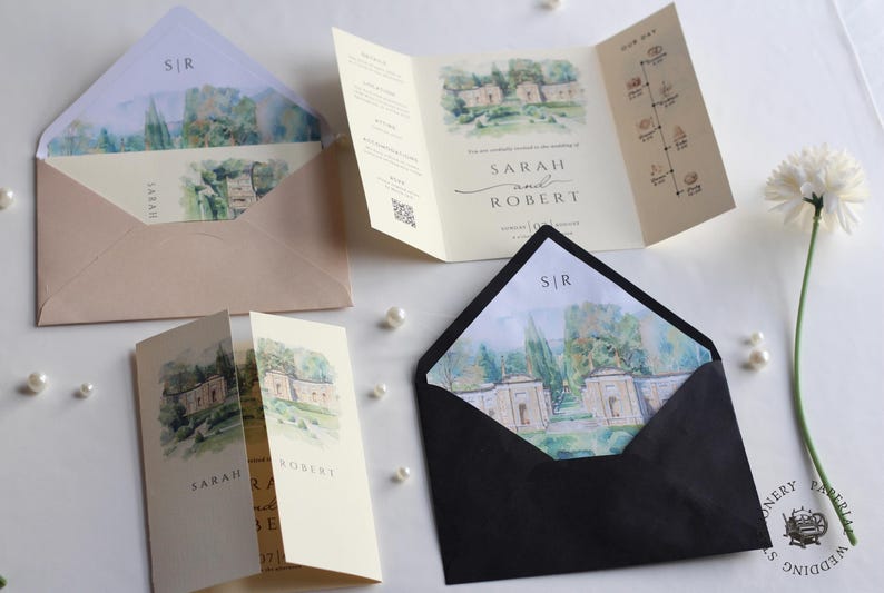 Watercolor Wedding Venue Invitation with Inner Lined Envelope, Gatefold Invitation Suite for Destination Weddings, Luxury Textured Cardstock