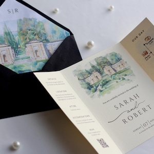 Watercolor Wedding Venue Invitation with Inner Lined Envelope, Gatefold Invitation Suite for Destination Weddings, Luxury Textured Cardstock