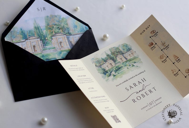 Watercolor Wedding Venue Invitation with Inner Lined Envelope, Gatefold Invitation Suite for Destination Weddings, Luxury Textured Cardstock