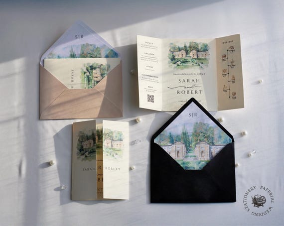 Watercolor Wedding Venue Invitation with Inner Lined Envelope, Gatefold Invitation Suite for Destination Weddings, Luxury Textured Cardstock