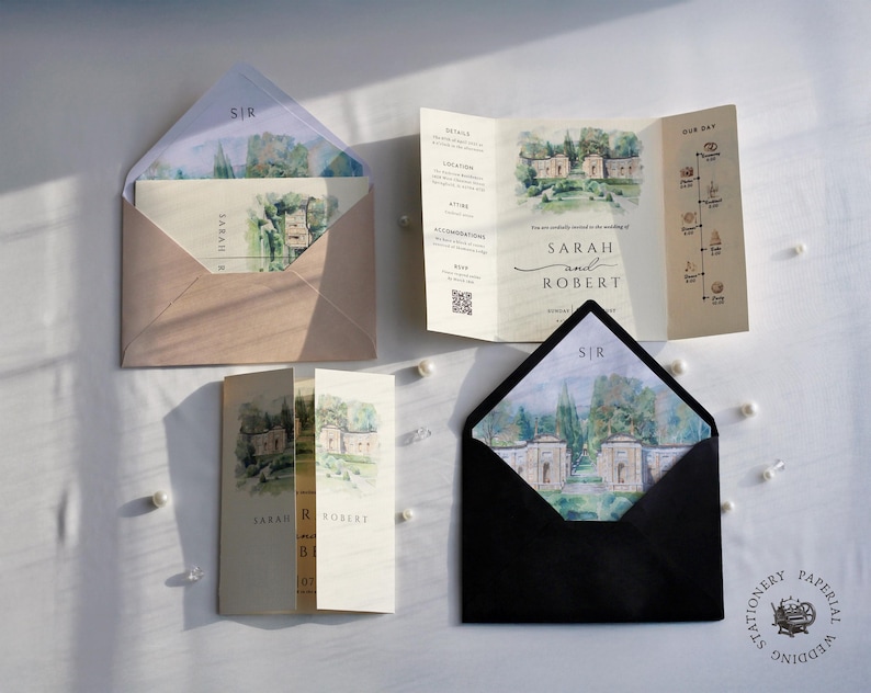 Watercolor Wedding Venue Invitation with Inner Lined Envelope, Gatefold Invitation Suite for Destination Weddings, Luxury Textured Cardstock