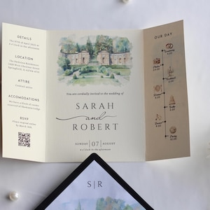 Watercolor Wedding Venue Invitation with Inner Lined Envelope, Gatefold Invitation Suite for Destination Weddings, Luxury Textured Cardstock