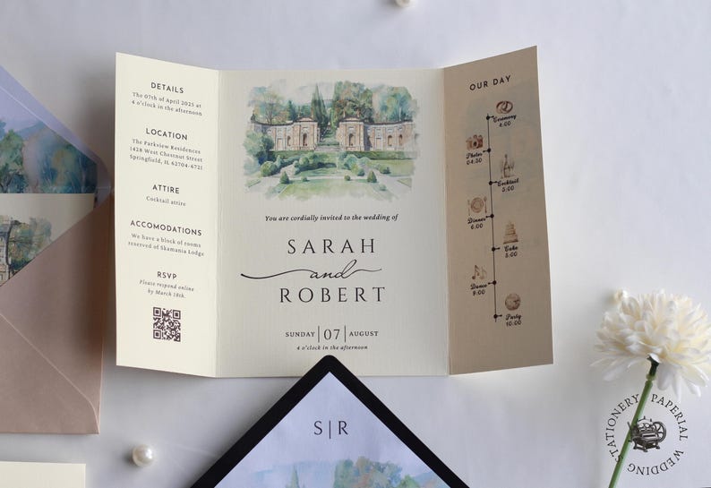 Watercolor Wedding Venue Invitation with Inner Lined Envelope, Gatefold Invitation Suite for Destination Weddings, Luxury Textured Cardstock