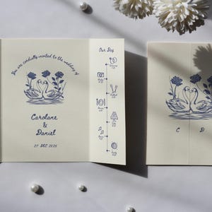 Swan Wedding Gatefold Invitation Suite, Vintage Wedding Invite, Whimsical + Blue Hand Drawn Design, Ivory Luxury Textured Cardstock