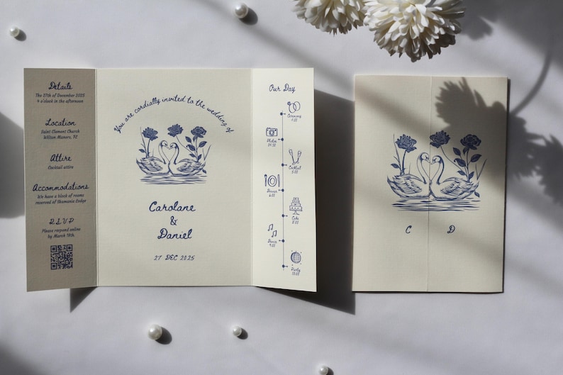Swan Wedding Gatefold Invitation Suite, Vintage Wedding Invite, Whimsical + Blue Hand Drawn Design, Ivory Luxury Textured Cardstock