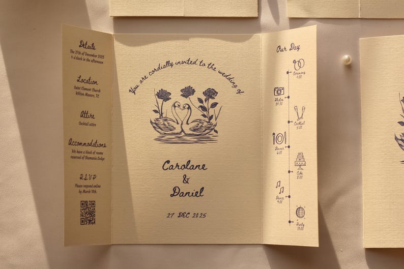 Swan Wedding Gatefold Invitation Suite, Vintage Wedding Invite, Whimsical + Blue Hand Drawn Design, Ivory Luxury Textured Cardstock