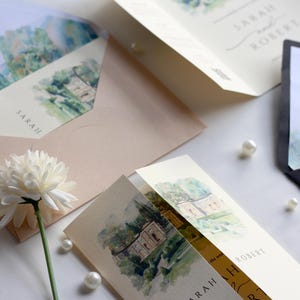 Watercolor Wedding Venue Invitation with Inner Lined Envelope, Gatefold Invitation Suite for Destination Weddings, Luxury Textured Cardstock