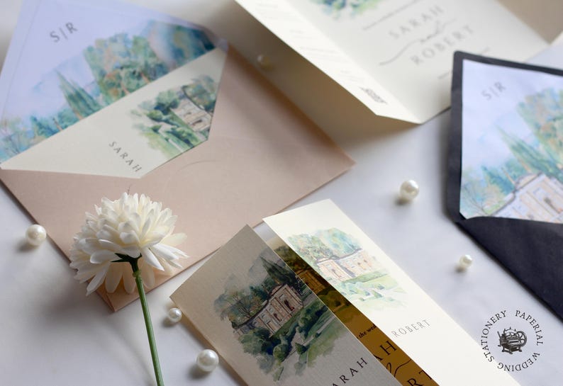 Watercolor Wedding Venue Invitation with Inner Lined Envelope, Gatefold Invitation Suite for Destination Weddings, Luxury Textured Cardstock