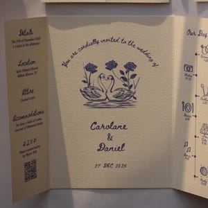Swan Wedding Gatefold Invitation Suite, Vintage Wedding Invite, Whimsical + Blue Hand Drawn Design, Ivory Luxury Textured Cardstock