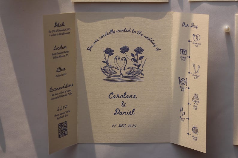 Swan Wedding Gatefold Invitation Suite, Vintage Wedding Invite, Whimsical + Blue Hand Drawn Design, Ivory Luxury Textured Cardstock