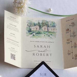Watercolor Wedding Venue Invitation with Inner Lined Envelope, Gatefold Invitation Suite for Destination Weddings, Luxury Textured Cardstock
