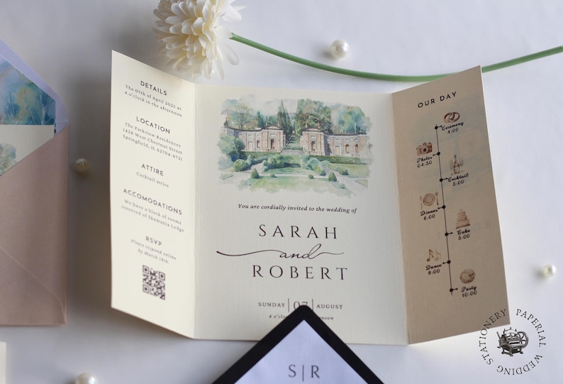 Watercolor Wedding Venue Invitation with Inner Lined Envelope, Gatefold Invitation Suite for Destination Weddings, Luxury Textured Cardstock