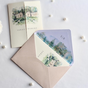 Watercolor Wedding Venue Invitation with Inner Lined Envelope, Gatefold Invitation Suite for Destination Weddings, Luxury Textured Cardstock