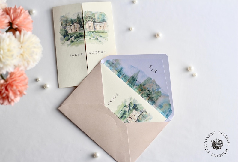 Watercolor Wedding Venue Invitation with Inner Lined Envelope, Gatefold Invitation Suite for Destination Weddings, Luxury Textured Cardstock