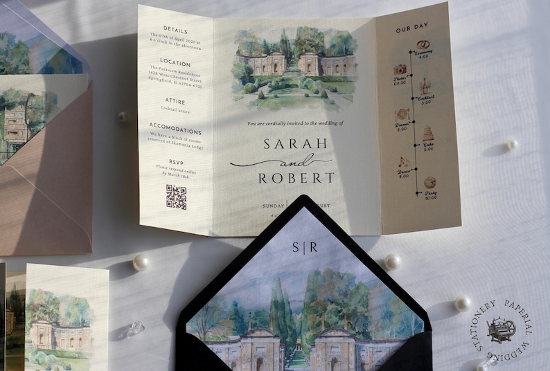 Watercolor Wedding Venue Invitation with Inner Lined Envelope, Gatefold Invitation Suite for Destination Weddings, Luxury Textured Cardstock