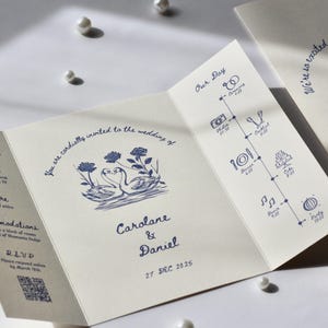 Swan Wedding Gatefold Invitation Suite, Vintage Wedding Invite, Whimsical + Blue Hand Drawn Design, Ivory Luxury Textured Cardstock